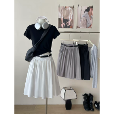 批发日韩miu系松紧腰蓬蓬短中裙女夏简约洋气质百搭遮胯小个子半身裙