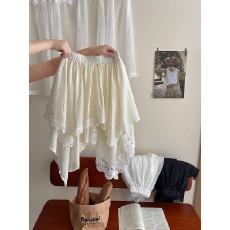 批发韩系复古不规则冰丝麻棉蕾丝花边拼接中裙女夏法式显瘦蛋糕半身裙