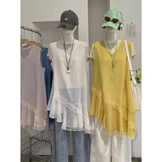 批发V领拼接蕾丝花边不规则背心裙女2026年夏季新款叠穿无袖连衣裙