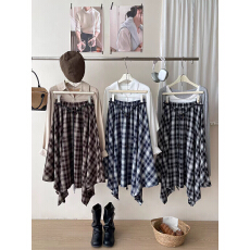 批发日韩系复古不规则格纹半身裙女春夏法式度假风大摆百搭a字伞裙子