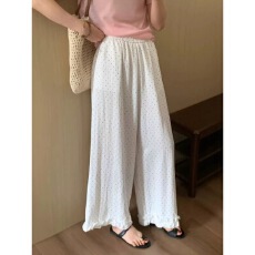 批发木耳边波点休闲裤女夏季薄款<b class='q'>大码</b>胖mm宽松遮胯显瘦减龄九分阔腿裤