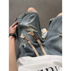 批发美式高街破洞牛仔短<b class='q'>裤</b>男夏季宽松直筒水洗做旧潮流百搭休闲五<b class='q'>分</b><b class='q'>裤</b>