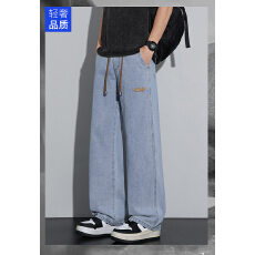 批发黑色百搭直筒牛仔裤男夏季新款宽松阔腿松紧腰设计感百搭休闲长裤