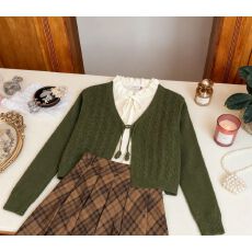 批发076<b class='q'>森林</b><b class='q'>系</b>假两件针织衫女早秋复古木耳边v领宽松设计带开衫