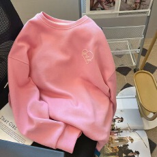 批发2025秋冬季爆款宽松粉色爱心圆领<b class='q'>套头卫衣</b><b class='q'>女</b>日系减龄百搭休闲上衣