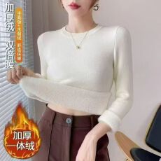 批发圆领毛衣女加绒加厚一体绒2025秋冬季爆款修身保暖针织衫内搭上衣