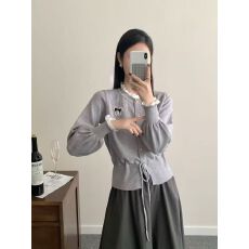 批发2025韩版高级感针织开衫<b class='q'>女长袖</b>慵懒风气质毛衣<b class='q'>外套</b>系带荷叶边上衣