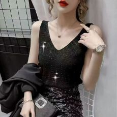 批发<b class='q'>夏季</b>韩版新款重工冰丝针织烫钻背心打底外穿无袖宽松背心百搭上衣