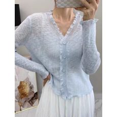 批发木耳边v领蓝色针织开衫夏喇叭袖短款防晒罩衫冰丝<b class='q'>外套女</b>薄款上衣