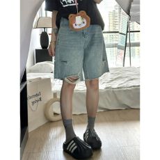 批发破洞牛仔短<b class='q'>裤</b>女夏<b class='q'>大码</b>胖mm高腰宽松显瘦梨形身材直筒阔腿五分中<b class='q'>裤</b>