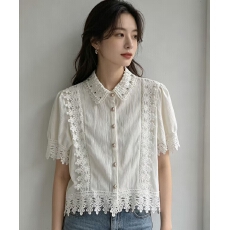 批发韩版重工蕾丝翻领短袖衬衫女夏季设计感小众轻奢减龄修身衬衣上衣