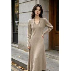 批发法式<b class='q'>甜美</b>气质V领针织连衣裙女秋冬新款修身显瘦长裙包臀连身裙