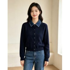 批发假两件<b class='q'>牛仔</b>领拼接针织衫开衫女春秋新款翻领长袖百搭外套毛衣