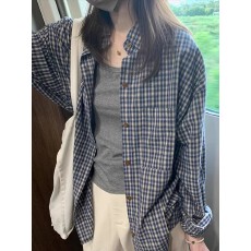 批发蓝色<b class='q'>格子</b>防晒<b class='q'>衬衫</b>外套女夏季小个子<b class='q'>衬衣</b>外套宽松慵懒长袖上衣