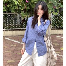 批发原版水洗全棉 复古条纹<b class='q'>衬衫</b>设计感翻领<b class='q'>衬衣</b>薄款长袖上衣