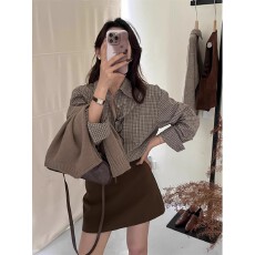 批发50%棉原版 新款设计感长袖格纹衬衫港风时髦感宽松polo领上衣女