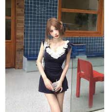 批发夏季连衣裙花边拼接a字裙新款收腰显瘦小个子短裙纯欲甜辣修身裙