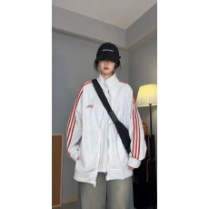 批发撞色拼接三条杠立领卫衣女春秋外套宽松<b class='q'>中长款</b>棒球服外穿运动开衫