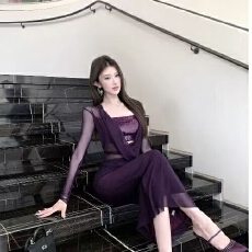 批发高品质紫色网纱拼接亮丝修身长裙新款性感辣妹透视包臀<b class='q'>连衣裙</b>