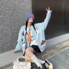 批发美式复古小狗刺绣开衫卫衣外套秋冬季<b class='q'>休闲</b>新款棒球服百搭宽松上衣