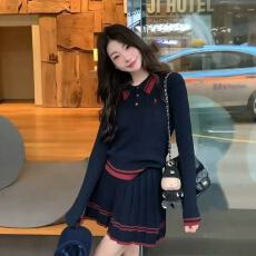 批发学院风穿搭套装复古条纹长袖针织开衫女秋季高腰百褶半身裙两件套