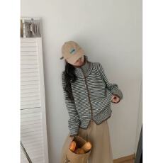 批发复古撞色条纹立领针织<b class='q'>开衫</b><b class='q'>女</b>秋冬新款宽松慵懒风软糯<b class='q'>毛衣</b>外套上衣
