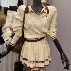 批发学院风穿搭套装复古条纹长袖针织开衫女秋季高腰百褶<b class='q'>半身裙</b>两件套