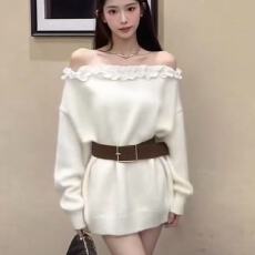 批发一字肩<b class='q'>雪纺</b>荷叶边拼接系腰带针织毛衣名媛秋冬系新款显瘦软糯毛衣