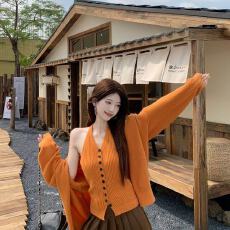 批发韩版V领女装针织开衫挂脖吊带背心两件套2025秋冬高级感修身毛衣