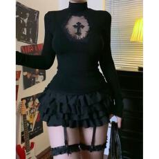 批发暗黑系纯欲套装女秋冬新款镂空微透高领针织<b class='q'>T</b><b class='q'>恤</b>+高腰显瘦蛋糕短裙