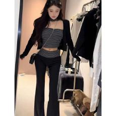 批发美式复古辣妹性感条纹抹胸背心外搭<b class='q'>小开</b><b class='q'>衫</b>一整套装女夏季