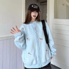 批发美式复古植绒刺绣小狗开衫连帽卫衣女男秋季宽松显瘦慵懒休闲<b class='q'>外套</b>