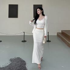 三件套半身裙设计感光显瘦法式高级拼接蕾丝吊带开衫套装秋季长袖