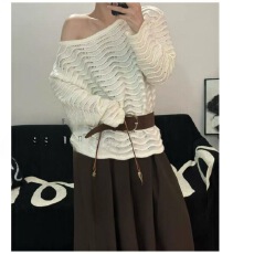 批发废土风<b class='q'>秋</b>季韩版时髦波纹斜领露肩长袖针织衫女百搭慵懒收腰毛衣潮