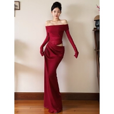 批发御姐风气质一字肩网纱拼接<b class='q'>连衣裙</b>女2025春季新款露腰<b class='q'>镂空</b>收腰长裙