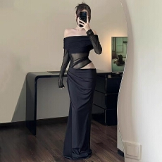 批发性感紫色法式名媛风网纱拼接一字肩<b class='q'>连衣裙</b>女褶皱撩人<b class='q'>镂空</b>气质长裙