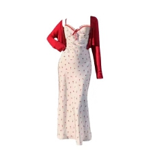 批发夏季新款小个子甜美chic纯欲2025碎花吊带连衣裙+红色开衫<b class='q'>两件套</b>