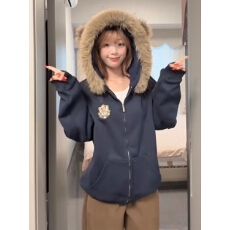 批发【华棉复合银狐绒】<b class='q'>小熊</b>耳朵毛领冬季加厚连帽学院风<b class='q'>卫衣</b>宽松休闲