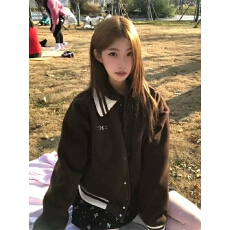 批发美式复古棒球服外套女春季字母刺绣翻领夹克宽松美拉德穿搭上衣潮