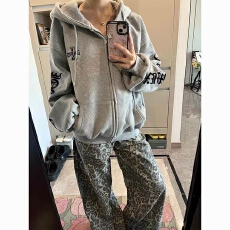 批发美式华夫格刺绣连帽卫衣女秋季哥特潮牌开衫棒球服外套牛仔裤套装