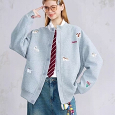 批发卡通小狗刺绣<b class='q'>开衫</b>宽松慵懒风国潮牌立领夹克<b class='q'>卫衣</b>男女外套秋冬款