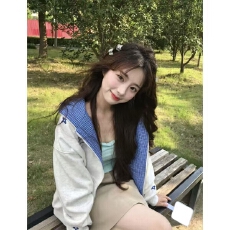 批发【华棉复合】格子美式<b class='q'>卫衣</b>女春秋款纯棉刺绣拼接宽松连帽<b class='q'>开衫</b>慵懒