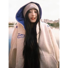 批发【华棉复合】美式复古格子拼接<b class='q'>开衫</b>刺绣外套连帽衫女新款宽松重磅