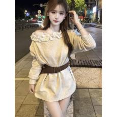 批发韩系斜肩<b class='q'>长袖</b>针织<b class='q'>连衣裙</b>女秋季2025新款巨好看的露肩收腰包臀短裙