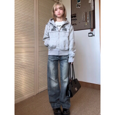 批发韩系小熊灰色连帽<b class='q'>卫衣</b>女早秋季<b class='q'>短款</b>拉链开衫外套