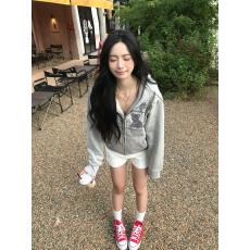 批发韩系小熊灰色连帽<b class='q'>卫衣</b>女早秋季<b class='q'>短款</b>拉链开衫外套