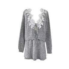 批发甜美蕾丝拼接蝴蝶结系带针织<b class='q'>开衫</b>女秋季2025新款短裙两件套遮肉