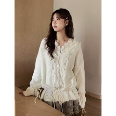 批发设计感温柔风钩花<b class='q'>镂空</b><b class='q'>针织衫</b>杏色毛衣女装秋季新款针织开衫外套潮