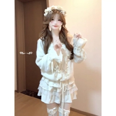 批发秋季氛围感穿搭一整套原宿风V领<b class='q'>镂空</b>花边<b class='q'>针织衫</b>宽松百搭蛋糕短裙