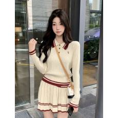 批发秋<b class='q'>冬</b>穿搭一整套学院风polo领针织百褶短裙两件套装初早秋爆款外穿